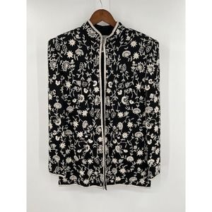 Vintage Niteline 100% silk black and white floral beaded blazer jacket coat sz M